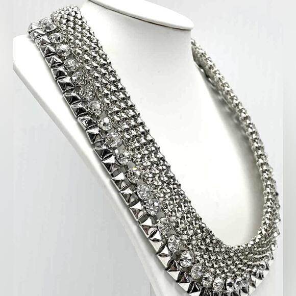RJ Graziano Vintage 80s Large Bibb Statement Necklace Silver Clear Crystal RARE - Picture 1 of 6